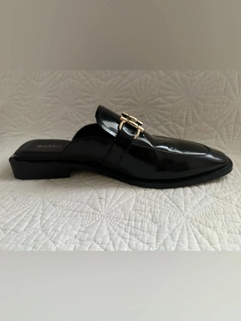 ALDO Black Patent Leather Slip-On Loafers with Gold Hardware